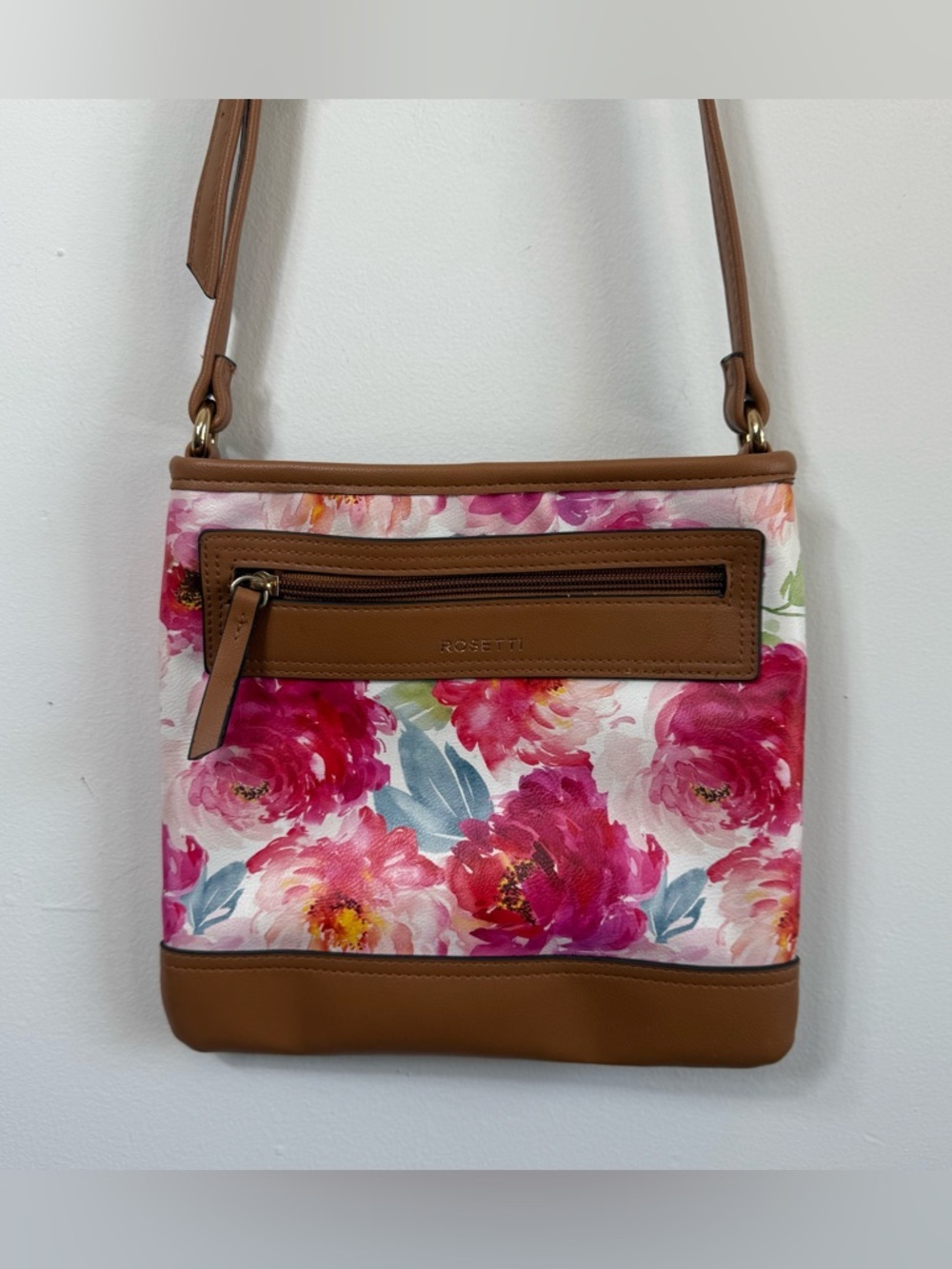 Rosetti Pink Watercolor Floral Crossbody Bag Vegan Leather Trim Romantic Spring - Picture 1 of 9